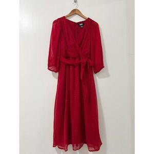 DKNY Womens Red V‎ Neck Long Sleeve Wrap Dress With Silver Dot Accents Size 8